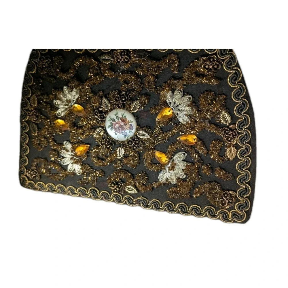 Vintage 1950s Black Beaded Evening‎ Bag Amber Floral Cabochon Frame Purse